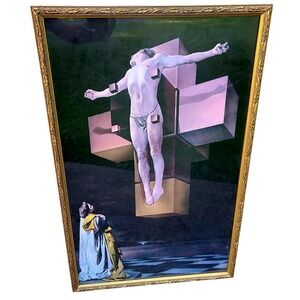 Salvador Dali Corpus Hypercubus Crucifixion Print Gold Ornate Frame 27"x 17.5"